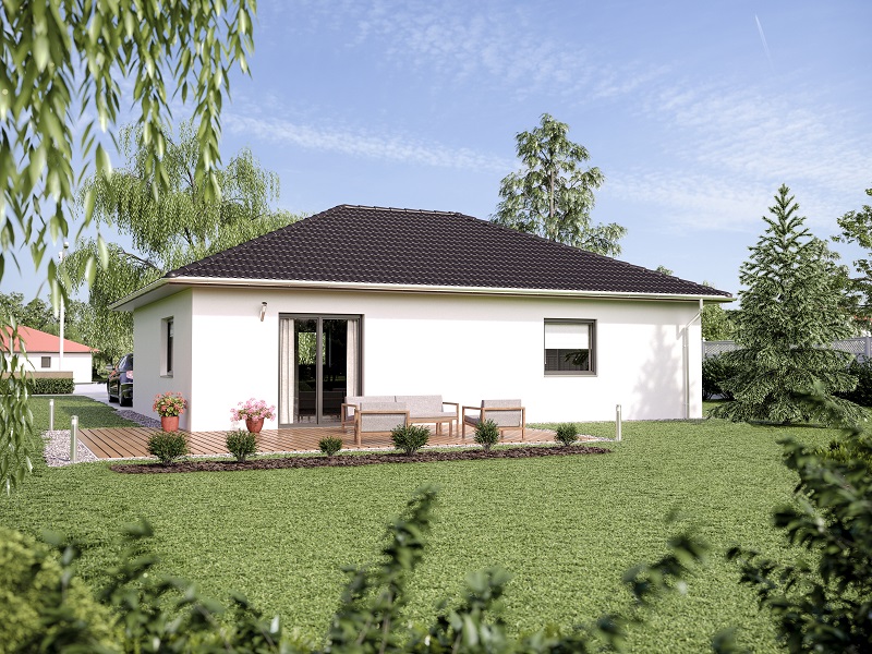 Weißes Bungalow Riesa für eine Familie bauen als Holzrahmenhaus (Fertighaus) oder Massivhaus in Braunschweig, Königslutter, Gifhorn, Peine, Wolfsburg, Salzgitter und Wolfenbüttel.
